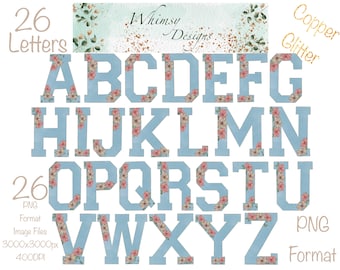 Floral Watercolor Letter Clip Art | Copper Glitter PNG (Digital Download)