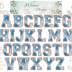 Varsity Blue Watercolour Alpha Rose Gold Glitter | Individually saved letters | png | hand drawn | sublimation | digital download