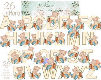 Teddy Bear Airplane Letters | Gold Glitter PNG Clipart (Digital Download)