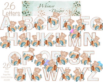 Teddy Bear Airplane Letters | Rose Gold Glitter Alpha, PNG (Digital Download)