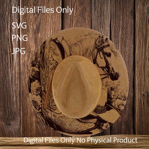 May include: A brown cowboy hat with a black and white design of a horse's head and a saddle. The design includes floral details. The text "Digital Files Only No Physical Product" is at the bottom of the image.