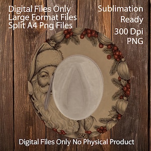 May include: A digital design featuring a Santa Claus illustration, surrounded by a festive border of berries and ornaments. The design includes the text "Digital Files Only" and "Sublimation Ready". The image is a PNG file.