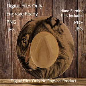 May include: A round wooden design featuring a detailed wolf illustration, with a light brown hat shape in the center. The image includes text: "Digital Files Only Engrave Ready PNG JPG" and "Hand Burning Files Included PDF JPG".