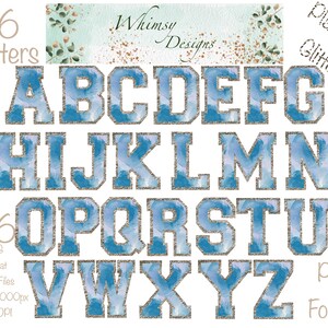 Varsity Blue Watercolour Alpha Platinum Glitter | Individually saved letters | png | hand drawn | sublimation | digital download