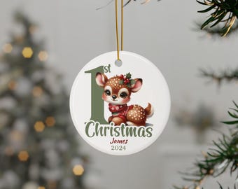 Personlig bebis första julgransprydnad, fawndesign, anpassad keramisk souvenir, julgransdekoration, present till nyblivna föräldrar