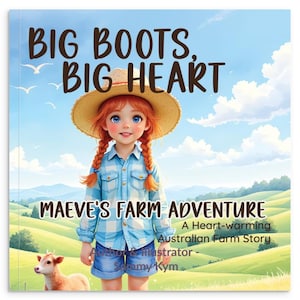 May include: A children's book cover with the title "BIG BOOTS, BIG HEART." The illustration features a young girl with red braids wearing a straw hat and blue plaid shirt. The book is titled "MAEVE'S FARM ADVENTURE" and is an Australian Farm Story.
