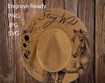 Hat Laser Burning Designs – Digital Download (SVG, PNG, JPG) for Wide Brim & Cowboy Hats, WD3038, Stay Wild, Horse and Floral