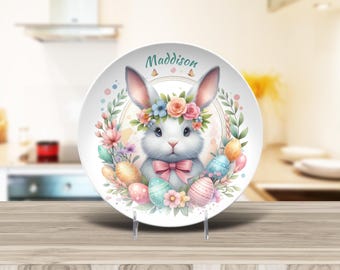 Plato personalizado de conejo de Pascua, conejito con corona floral, vajilla irrompible