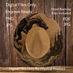 May include: A tan-colored hat with a dragon illustration and a castle scene. The hat has a wide brim and a rounded crown. The image includes the text "Digital Files Only Engrave Ready PNG JPG" and "Hand Burning Files Included PDF JPG".