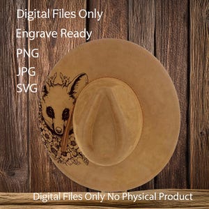 May include: A tan-coloured hat with a fox design. The hat has a wide brim and a structured crown. The fox design is etched on the side, surrounded by floral elements. The text "Digital Files Only" and "Engrave Ready" is visible.