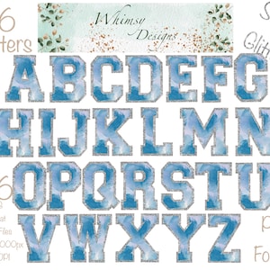 Varsity Blue Watercolour Alpha Silver Glitter | Individually saved letters | png | hand drawn | sublimation | digital download