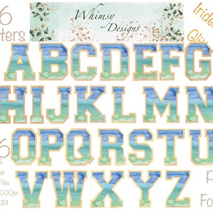 Varsity Green Blue Watercolour Alpha with Iridescent Glitter | Individually saved letters |png | hand drawn | sublimation | digital download