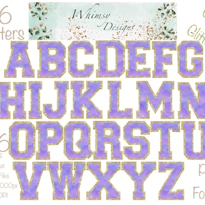 Varsity Purple Watercolour Alpha with Gold Style 2 Glitter | Individually saved letters | png | hand drawn | sublimation | digital download