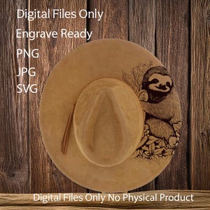 Può includere: Un cappello da cowboy marrone con un design di bradipo inciso sul lato. Il cappello è su uno sfondo di legno. File digitali solo. Pronto per l'incisione. PNG, JPG, SVG. File digitali solo. Nessun prodotto fisico.