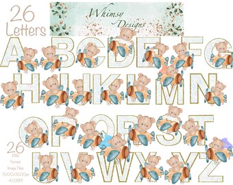 Teddy Bear Airplane Alphabet | Gold Glitter Letters (Digital Download)
