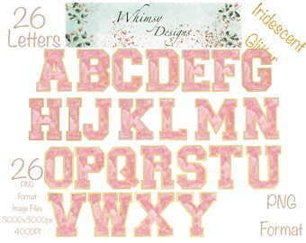 Pink Varsity Watercolor Alphabet | Iridescent Glitter PNG (Digital Download)