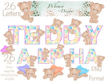 Teddy Bear Alpha | Purple Glitter PNG Letters (Digital Download)