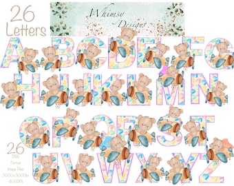 Teddy Bear Airplane Alphabet | Glitter Hearts PNG (Digital Download)