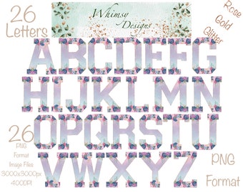 Floral Alphabet PNG | Rose Gold Glitter, Hand-Drawn (Digital Download)