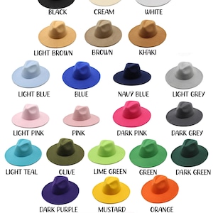 Könnte beinhalten: Eine Auswahl an breitkrempigen Hüten in verschiedenen Farben: Schwarz, Creme, Weiß, Hellbraun, Braun, Khaki, Hellblau, Blau, Marineblau, Hellgrau, Hellrosa, Rosa, Dunkelrosa, Dunkelgrau, Helltürkis, Olive, Limettengrün, Grün, Dunkelgrün, Dunkelviolett, Senf, Orange, Marmelade, Rost, Rot und Burgunderrot. Aus 100 % Polyester.