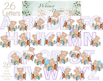 Teddy Bear Airplane Alphabet Clipart | Purple Glitter Letters (Digital Download)