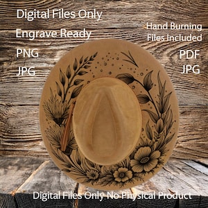 May include: A tan-coloured hat with a wide brim, featuring a floral and leaf design. The hat has a central indentation and a decorative tassel. Text on the image reads "Digital Files Only, Engrave Ready, PNG, JPG, Hand Burning Files Included, PDF, JPG, Digital Files Only No Physical Product."