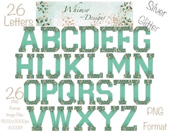 Eucalyptus Green Silver Glitter Letters | PNG Clipart (Digital Download)