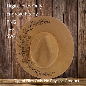 Op de afbeelding: Tan fedora hoed met een bloemenontwerp. De hoed heeft een brede rand en een decoratief bloemenpatroon aan de zijkant. De tekst op de afbeelding luidt: "Digital Files Only Engrave Ready PNG JPG SVG Digital Files Only No Physical Product."