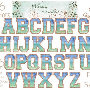 Varsity Green Blue Watercolour Alpha with Rose Gold Glitter | Individually saved letters | png | hand drawn | sublimation | digital download