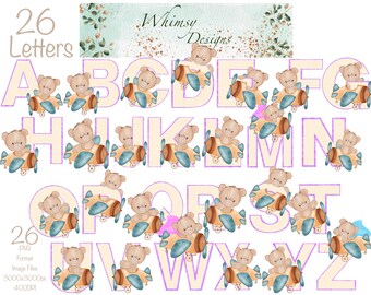 Teddy Bear Airplane Letters | Purple Glitter Alpha, PNG (Digital Download)
