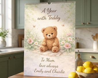 2027 Teddy Bear Wall Calendar, Whimsical Storybook Art, Nursery Decor (Personalised or Non Personalised)