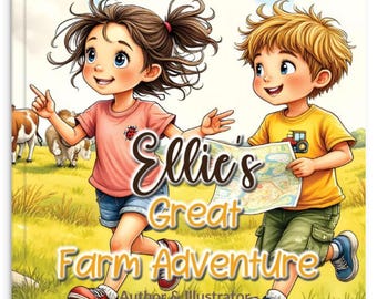 May include: A children's book cover titled "Ellie's Great Farm Adventure." The illustration features two children running through a field, one pointing and the other holding a map. Cows graze in the background. The author and illustrator is Sammy Kym.