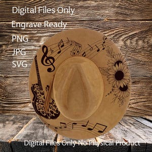 Modèles gravés au laser pour chapeaux - Téléchargement numérique (SVG, PNG, JPG) pour chapeaux de cow-boy et à large bord, WD3044, guitare, musique tournesols