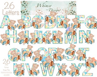 Teddy Bear Airplane Alphabet | Glitter Letters PNG (Digital Download)