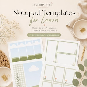 May include: A collection of notepad templates for Canva, featuring A4 layouts for notepads and stationery. The image showcases several design examples with green and white color schemes, including floral and landscape illustrations. The text reads "Notepad Templates for Canva".