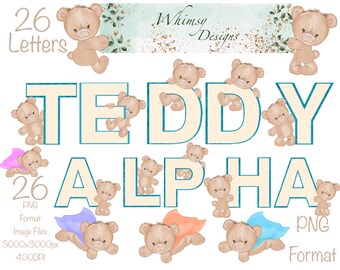 Teddy Bear Alpha Clip Art | Blue Glitter Letters (Digital Download)