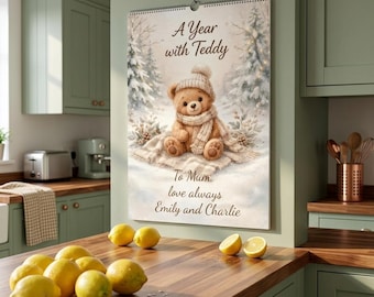 A Year with Teddy Bear Wall Calendar 2027, Whimsical Nursery Decor, Personalised Keepsake