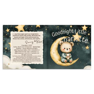 May include: A children's book cover with a whimsical design. The title "Goodnight Little Charlotte" is displayed above an illustration of a teddy bear on a crescent moon. The background features stars and clouds.