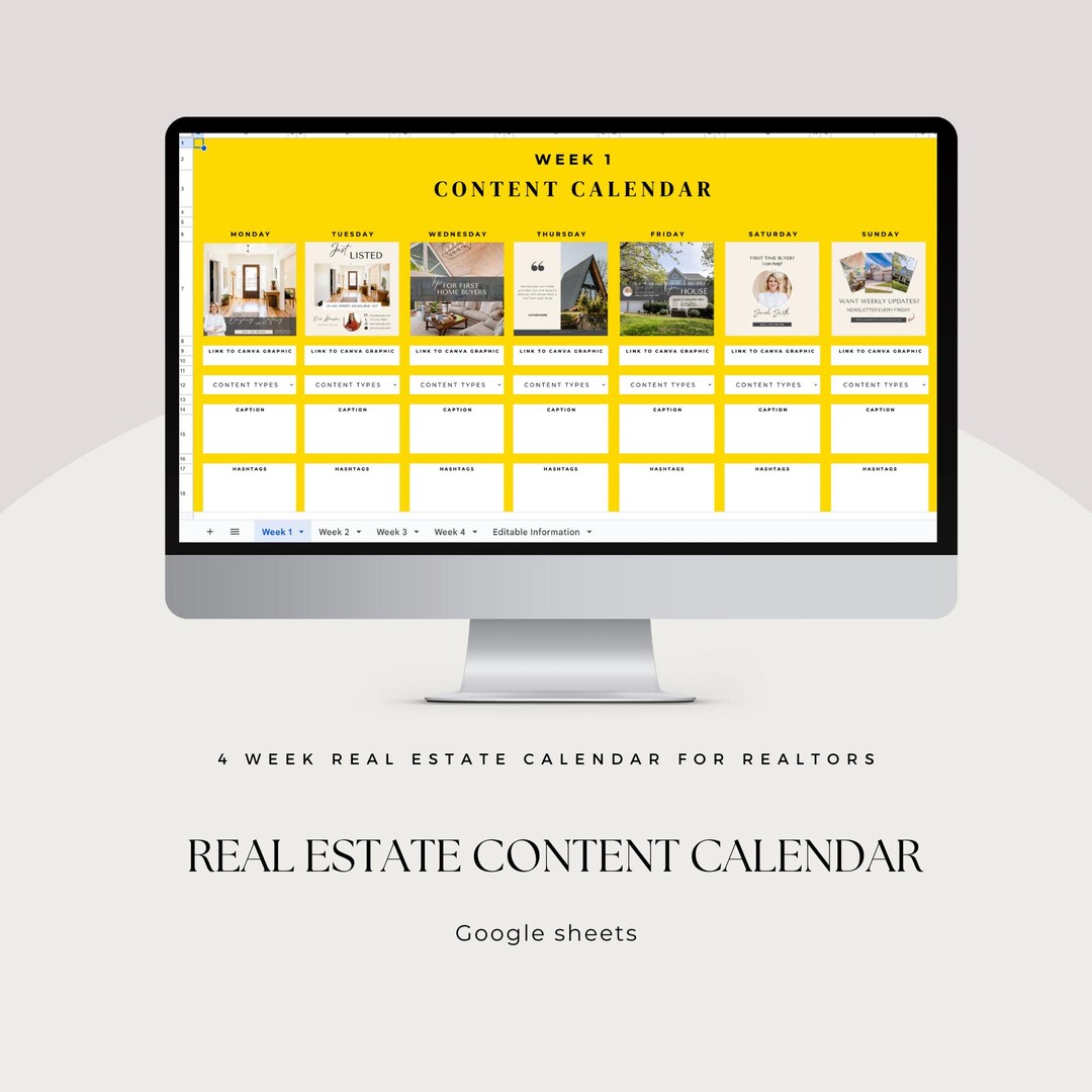 Real Estate Content Calendar Social Media Planner Spreadsheet for