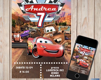 Invitación de cumpleaños digital para WhatsApp con temática de coches.