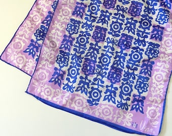 Vera scarf with ladybug logo, vintage purple and blue abstract design oblong.