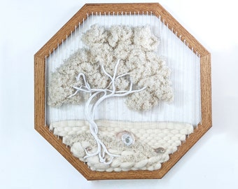 Tree and Shells 1980s woven framed wall hanging.