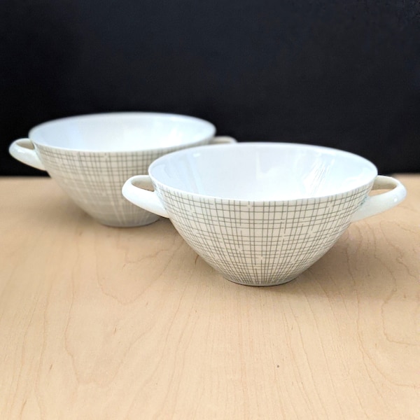 Mid century modern gray and white porcelain Arzberg handled soup bowls Form 2025. Set of two.