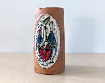 Vintage Mid Century Modern Italian Art Pottery FANTONI Vessel Vase 6.75 Tall with Green Glazes Italy 20th Century Design Classic MCM