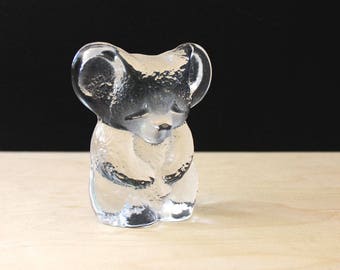 Koala crystal paperweight, Swedish mid century glass, clear sculptural animal, desk decor