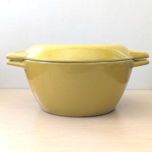 May include: A yellow ceramic casserole dish with a matching lid. The pot has two handles on either side and is sitting on a light-coloured wooden surface. The oven is a light yellow colour.
