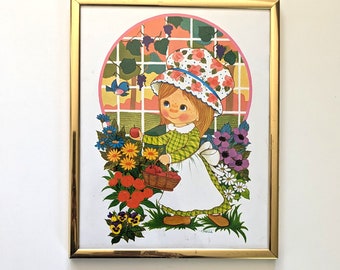 Flower Girl. Vintage 1970s framed print.