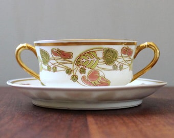 Antique Haviland Limoges Bouillon Cup and Saucer, Schleiger 106, Art Nouveau Floral, France