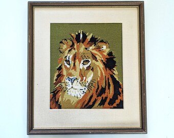 The Lion. Vintage 1970s embroidery needlepoint animal picture.