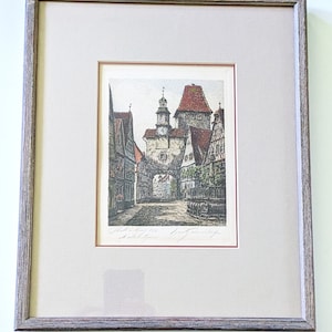 Rothenburg ob der Tauber framed etching, signed by Ernst Geissendörfer